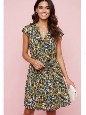 H&M Printed V-Neck Tie-Waist Dress in Mustard, Teal, Navy, and White